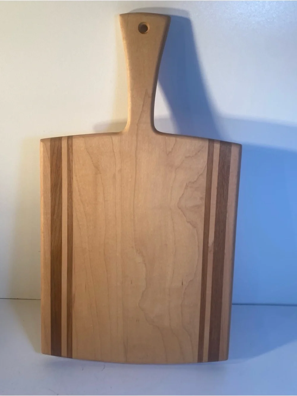 Wooden Cutting Board With Contrasting Wood Inlay Paddle Handle 15.5”x8.5”